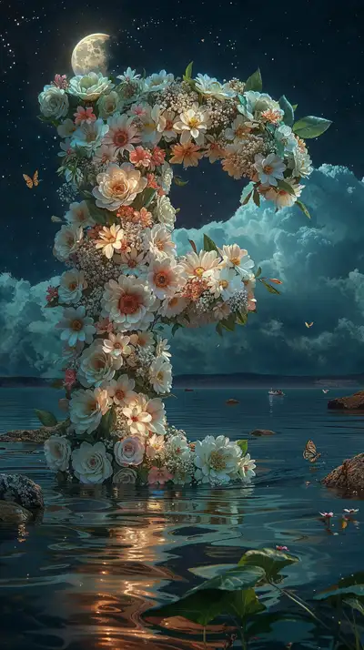 Chữ Số 7 Hoa Hồng Dưới Trăng - Hình Nền AI Art 4K