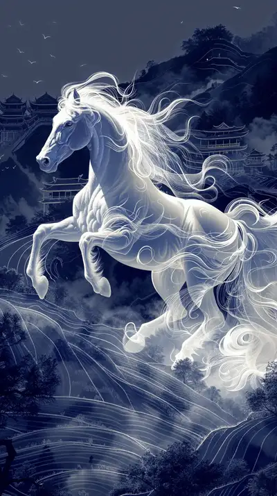 Ngựa Trắng Phong Thủy - Hình Nền AI Art 4K Neon