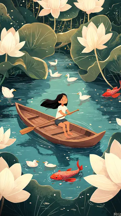 Cô Gái Áo Dài Trên Thuyền Sen - Hình Nền AI Art 4K Phong Thủy