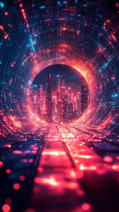 Thành Phố Neon Qua Cổng Năng Lượng - Hình Nền AI Art 4K