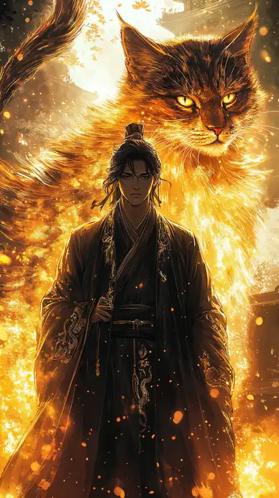 Kiếm Sĩ Samurai Huyền Bí - Mèo Linh Vật Vàng - Hình Nền AI Art 4K