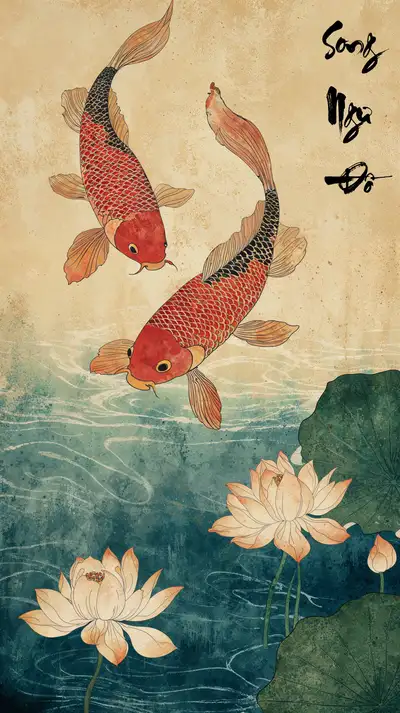 Cá Koi Đỏ Hoa Sen - Phong Thủy Zen AI Art 4K