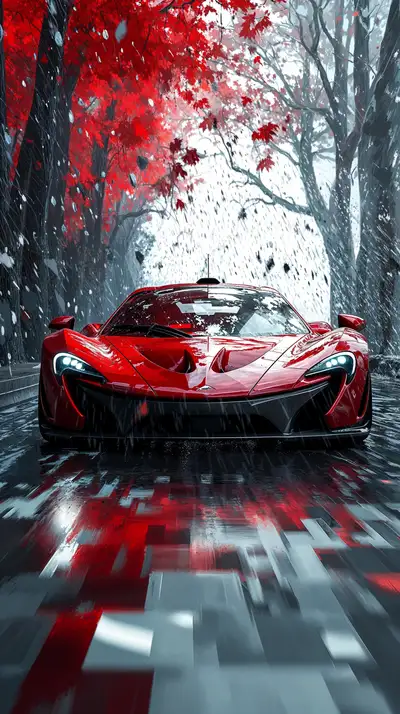 Siêu Xe Đỏ Rừng Mùa Thu - Hình Nền AI Art Motion Blur 4K