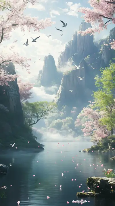 Hoa Anh Đào Tuyệt Sắc - Phong Cảnh Núi Hồ AI Art 4K