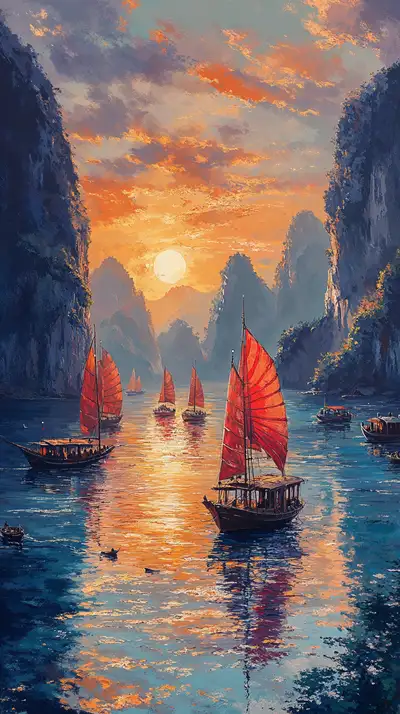 Vịnh Hạ Long Hoàng Hôn - Thuyền Buồm Đỏ AI Art 4K