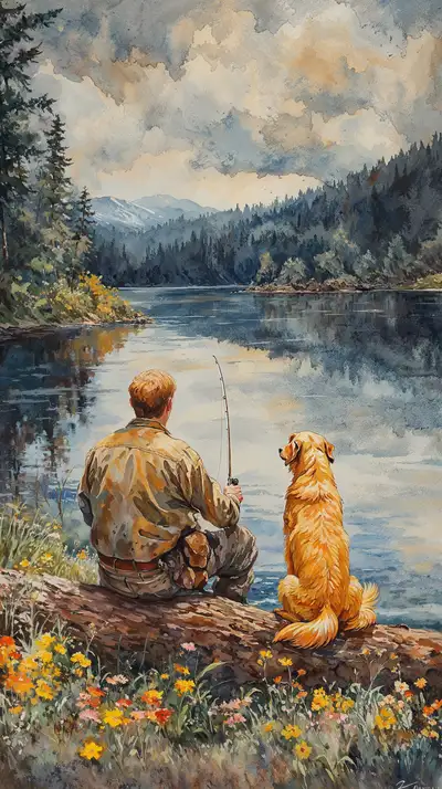 Người Câu Cá Với Chó - Hình Nền AI Art Watercolor Thiên Nhiên