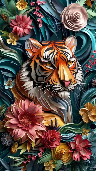 Hổ Hoa Lá 3D - Hình Nền AI Art Paper Craft 4K