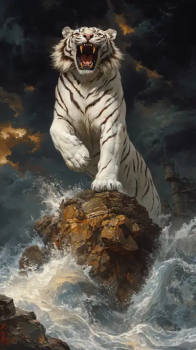 Hổ Trắng Giữa Sóng Bão - Hình Nền AI Art 4K