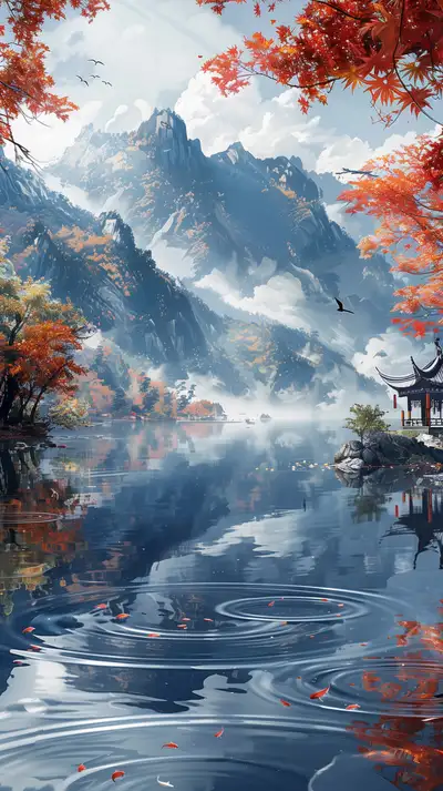 Phong Cảnh Núi Hồ Mùa Thu - Hình Nền Phong Thủy AI Art 4K