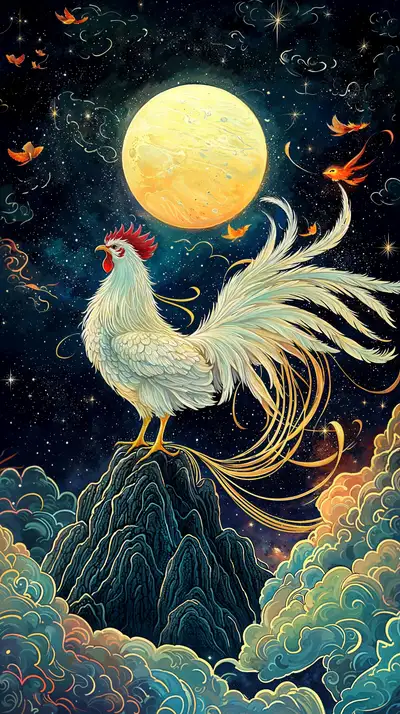 Gà Trống Mặt Trăng Phong Thủy - Hình Nền AI Art 4K
