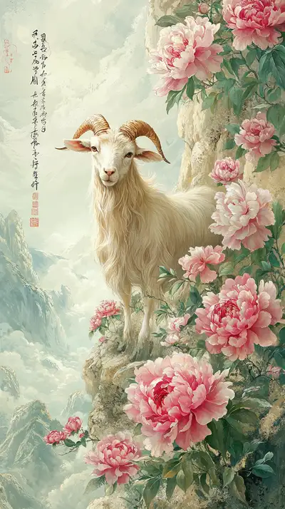 Dê Trắng Hoa Mẫu Đơn - Tranh Á Đông AI Art 4K