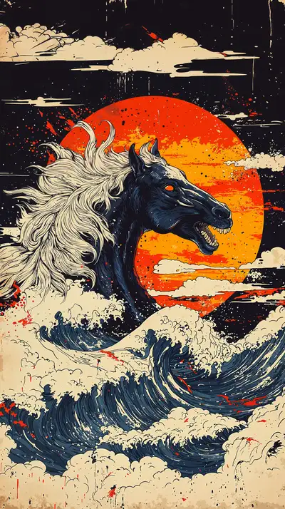 Ngựa Và Sóng Vàng - Hình Nền Retro AI Art 4K