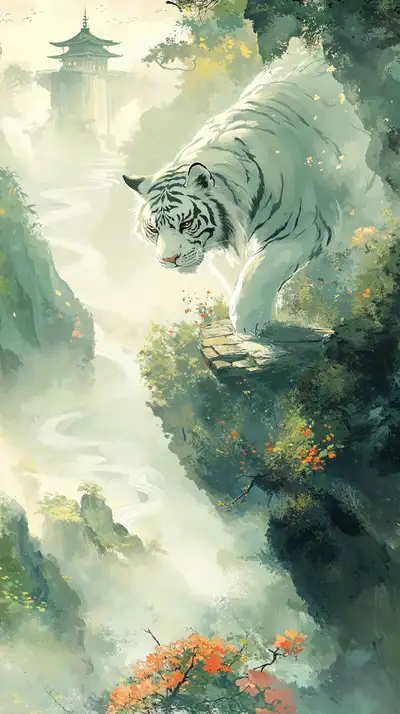 Hổ Trắng Phong Thủy Huyền Bí - Hình Nền AI Art Xanh Ngọc 4K