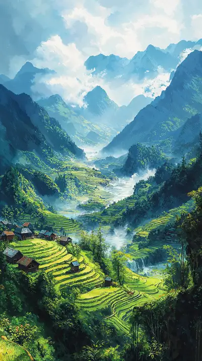 Thung Lũng Núi Xanh Ngọc - Hình Nền AI Art 4K