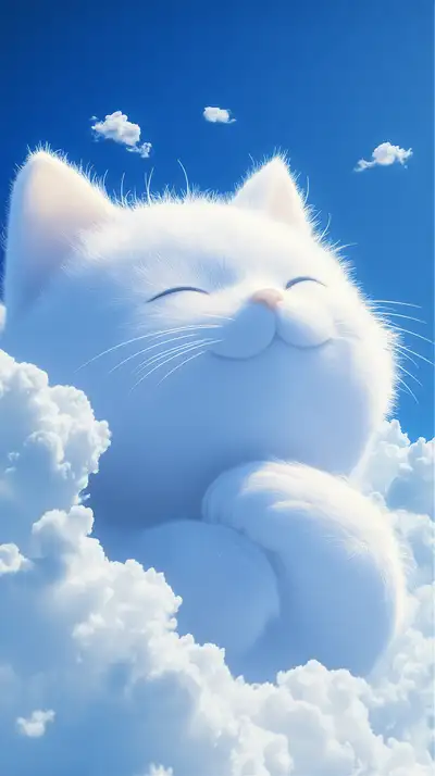 Mèo Mây Trắng Trên Bầu Trời Xanh - Hình Nền AI Art 4K