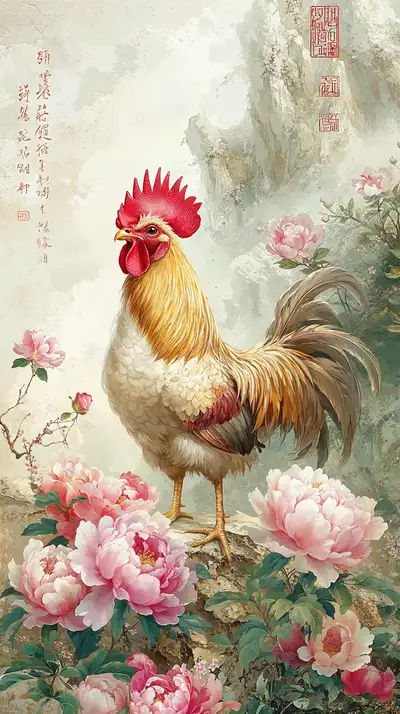 Gà Trống Hoa Mẫu Đơn - Hình Nền AI Art Phong Thủy 4K