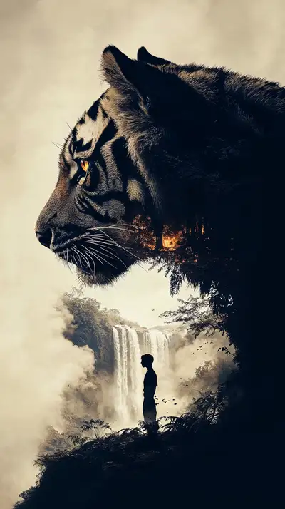 Hổ Double Exposure Thác Nước - Hình Nền AI Art 4K