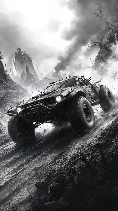 Jeep Offroad Hoang Tàn - Hình Nền AI Art Monochrome 4K