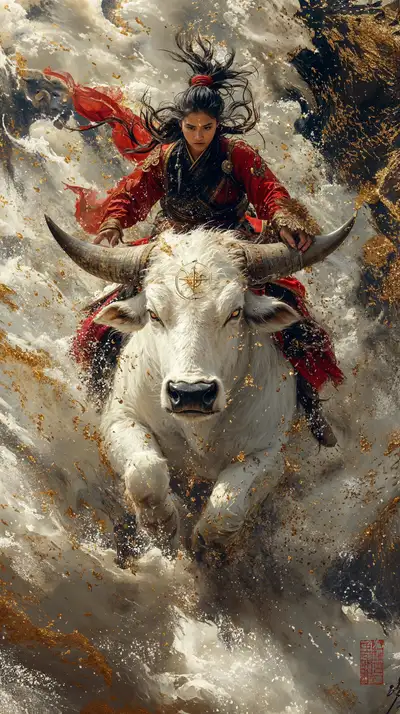 Nữ Chiến Binh Cưỡi Trâu - AI Art Phong Thủy 4K