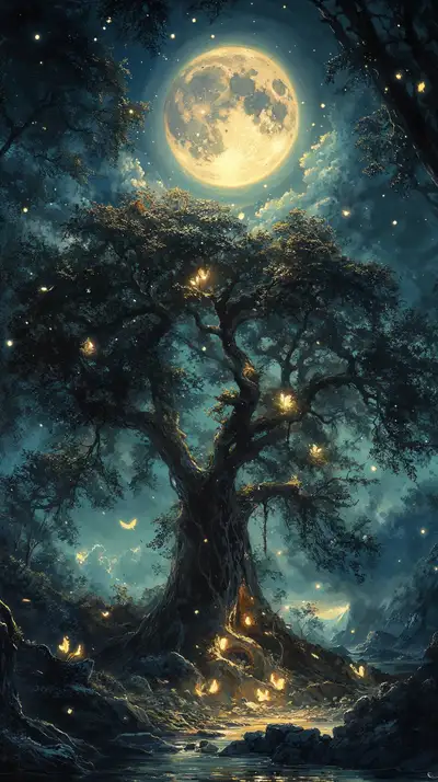 Cây Cổ Thụ Phong Thủy Dưới Trăng Vàng - Hình Nền AI Art 4K
