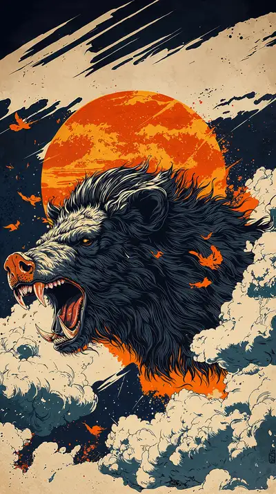 Lợn Rừng Mặt Trời Hoàng Hôn - Hình Nền AI Art 4K