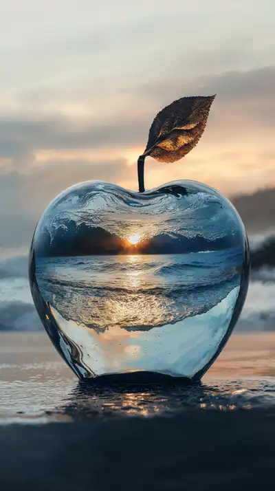 Táo Trong Suốt Biển Hoàng Hôn - AI Art Hình Nền 4K