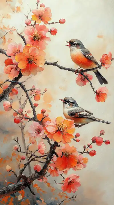 Chim Nhỏ Trên Cành Hoa Đào — Tranh AI Art Watercolor 4K