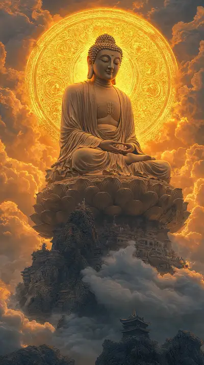 Phật Vàng Thiền Định Halo Cosmic - Hình Nền AI Art 4K