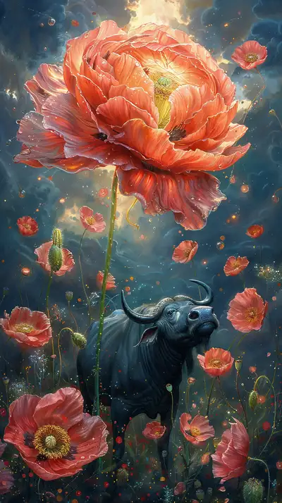 Trâu Nước & Hoa Mẫu Đơn Đỏ - Hình Nền AI Art Tưởng Tượng 4K
