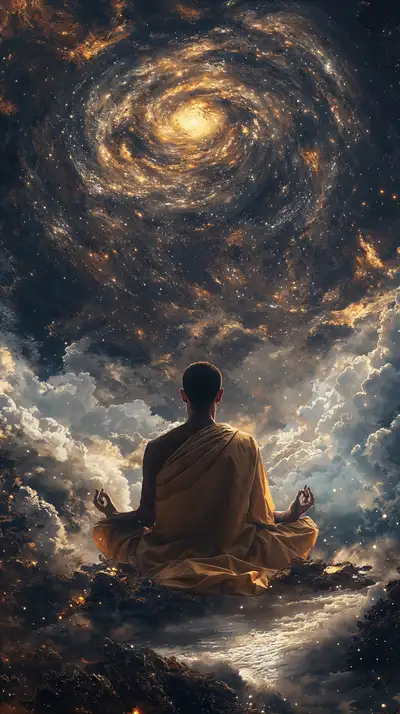 Thiền Định Vũ Trụ Vàng - Hình Nền AI Art 4K