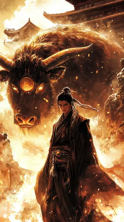 Trâu Thần Lửa Phong Thủy - Hình Nền AI Art 4K