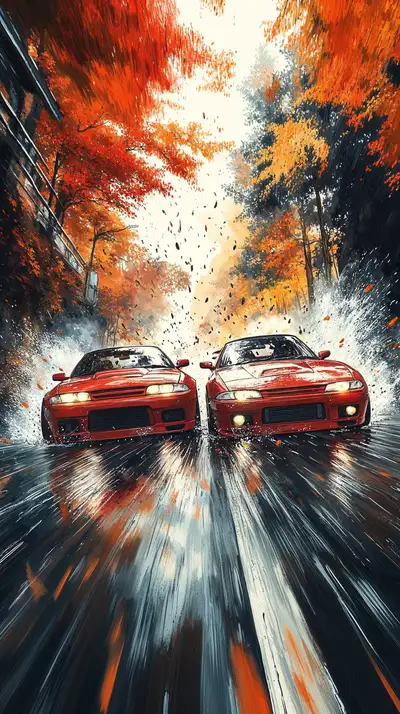 Hai Xe Racing Đỏ Chuyển Động - Hình Nền AI Art 4K Mùa Thu