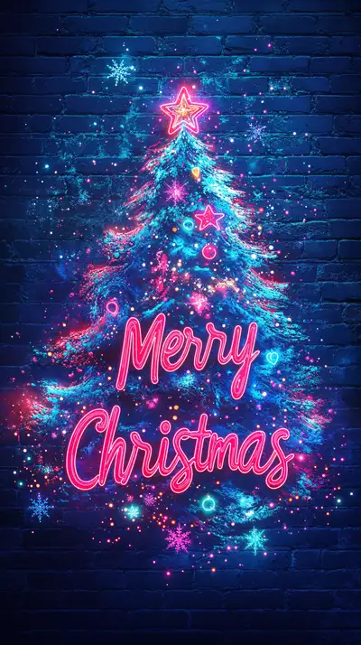 Cây Noel Neon Cosmic - Hình Nền AI Art 4K Giáng Sinh