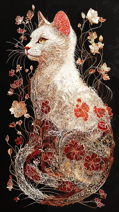 Mèo Trắng Hoa Lá - Hình Nền AI Art Trang Trí Huyền Ảo