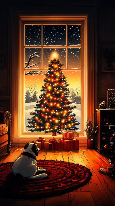 Cây Noel Neon - Phòng Khách Tuyết Giáng Sinh AI Art 4K