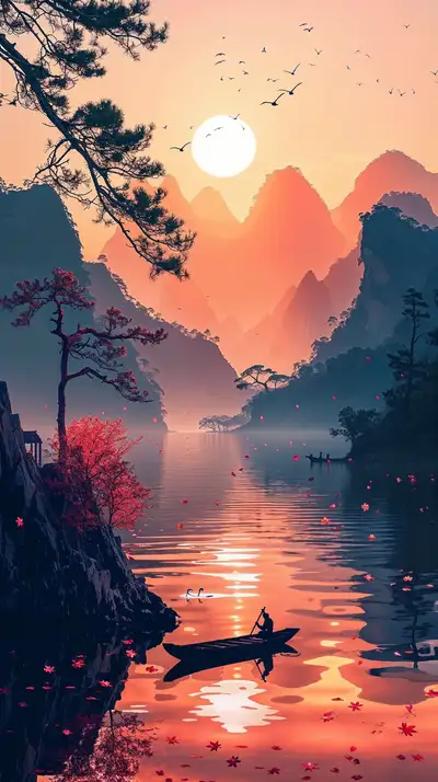 Hoàng Hôn Sông Núi - Hình Nền AI Art Thiên Nhiên 4K