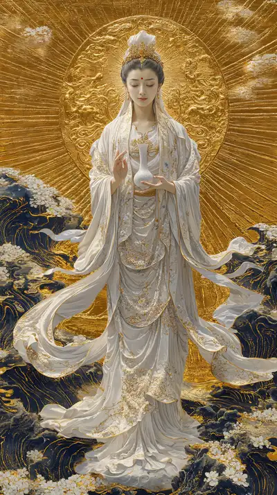 Bồ Tát Quan Âm Hào Quang Vàng - Hình Nền AI Art Phong Thủy