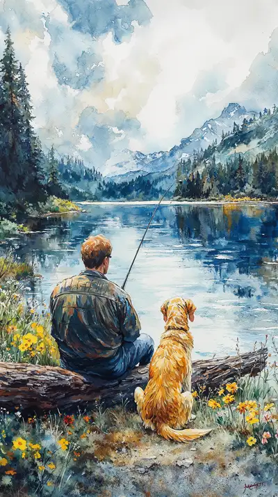 Câu Cá Hồ Núi Cùng Chó - Hình Nền AI Art 4K