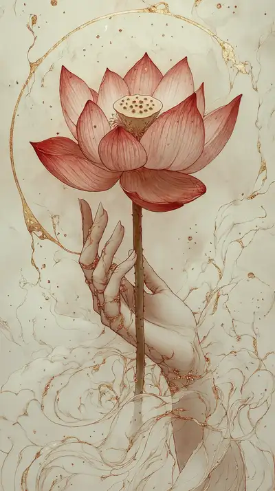 Hoa Sen Đỏ Phong Thủy - Hình Nền AI Art Watercolor Vintage 4K