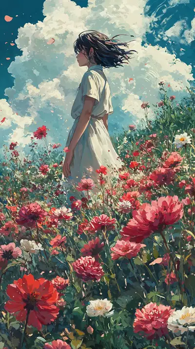 Cô Gái Vườn Hoa - Hình Nền AI Art Xanh Hồng 4K