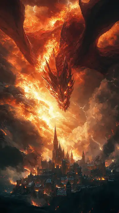 Rồng Lửa Phá Hủy Thành Phố - Hình Nền AI Art Fantasy 4K