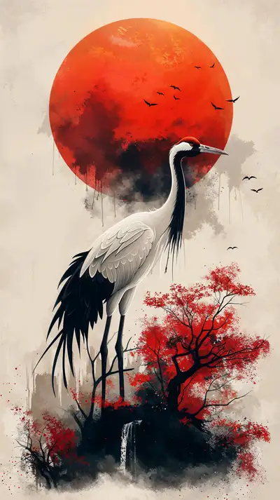 Hạc Trắng Mặt Trời Đỏ - Hình Nền AI Art Phong Thủy 4K