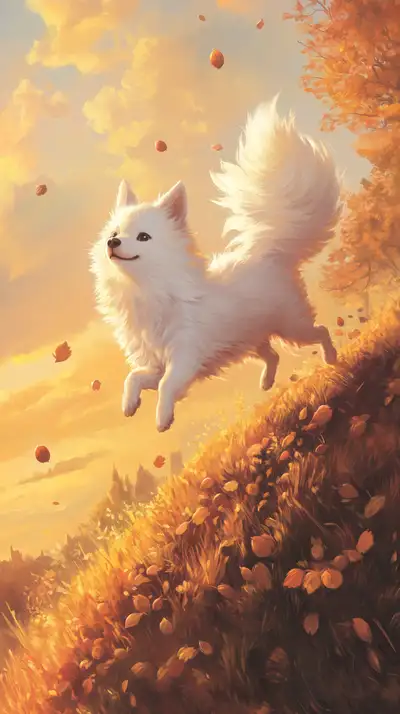 Chó Trắng Lông Dài Mùa Thu - Hình Nền AI Art 4K