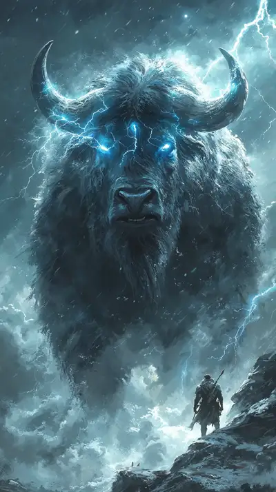 Trâu Thiêng Phong Thủy - Hình Nền AI Art Cosmic Lightning 4K