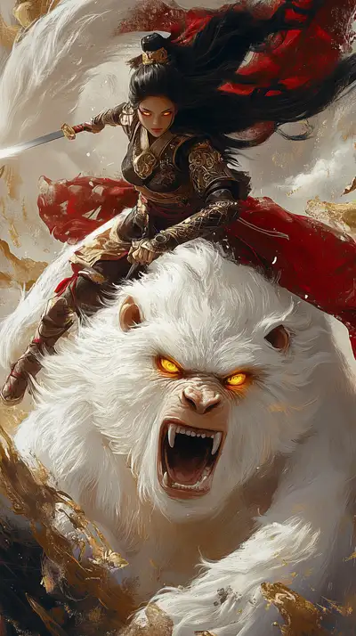 Nữ Chiến Binh Linh Thú Trắng Phong Thủy - Hình Nền AI Art 4K