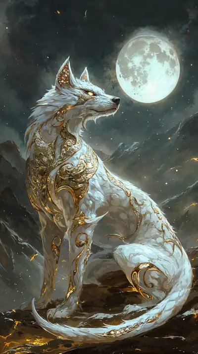 Sói Vàng Phong Thủy - Hình Nền AI Art Mặt Trăng Cosmic 4K