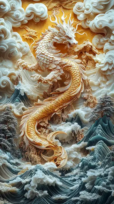 Rồng Vàng Phong Thủy - Hình Nền AI Art 3D Chạm Khắc 4K