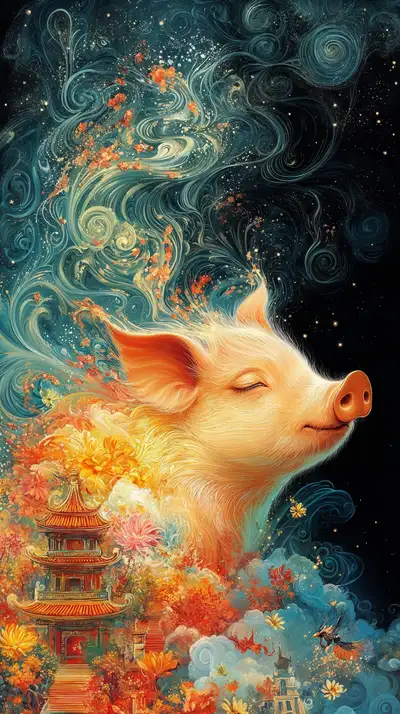 Lợn Vàng Phong Thủy - Hình Nền AI Art Cosmic 4K