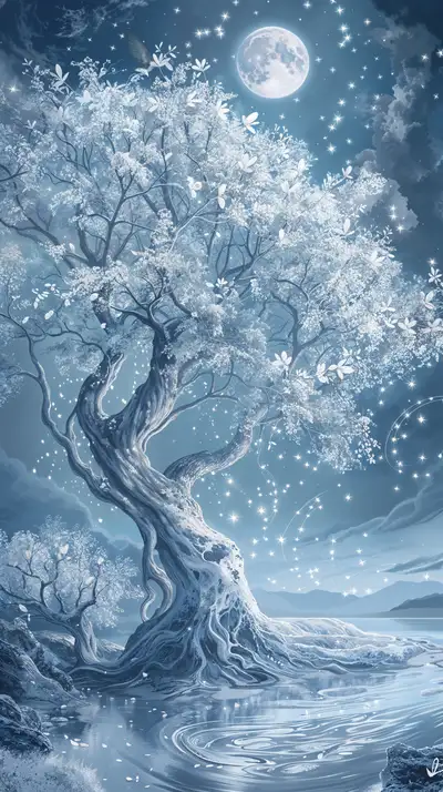 Cây Linh Thiêng Sương Tuyết - Ánh Trăng Cosmic | Hình Nền AI Art 4K