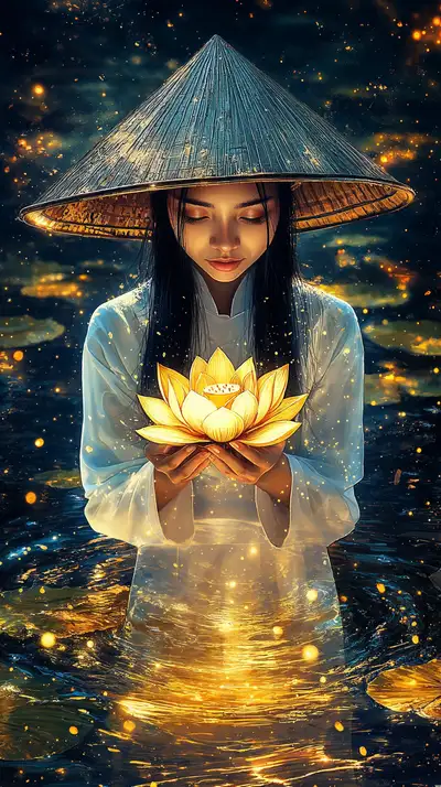 Nữ Phong Thủy Sen Vàng - Hình Nền Cosmic AI Art 4K